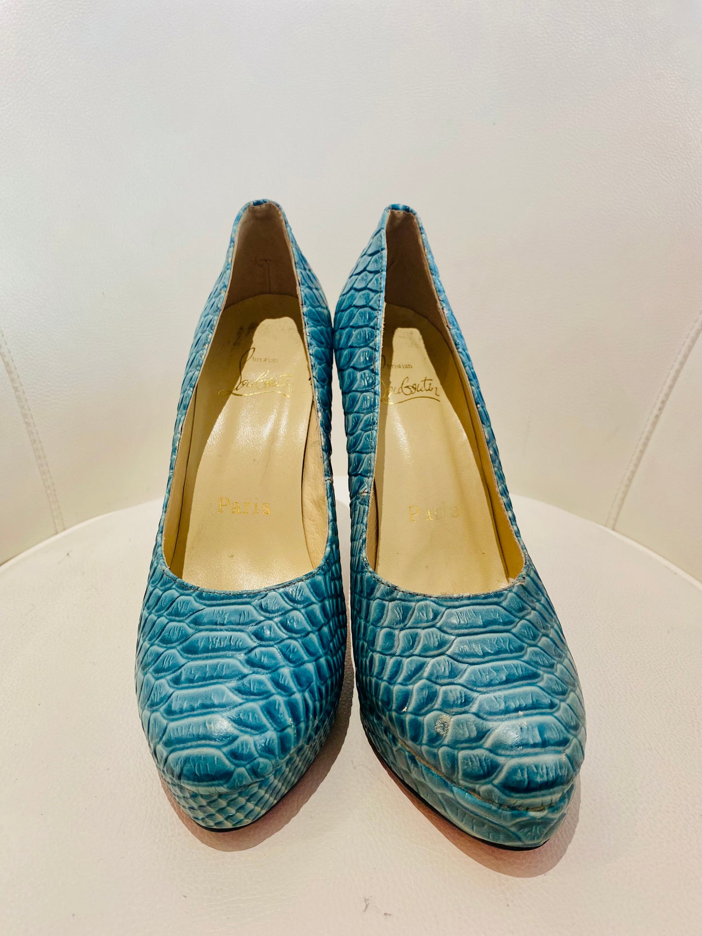 Christian Louboutin Aqua Snakeskin Platform Heels