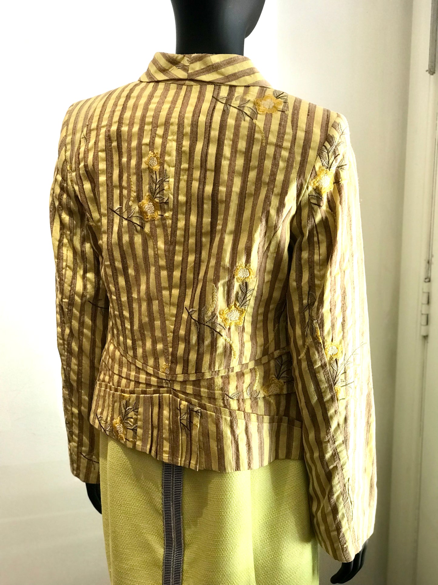 Andrea Moore Silk Embroidered Yellow/Taupe Stripe Jacket