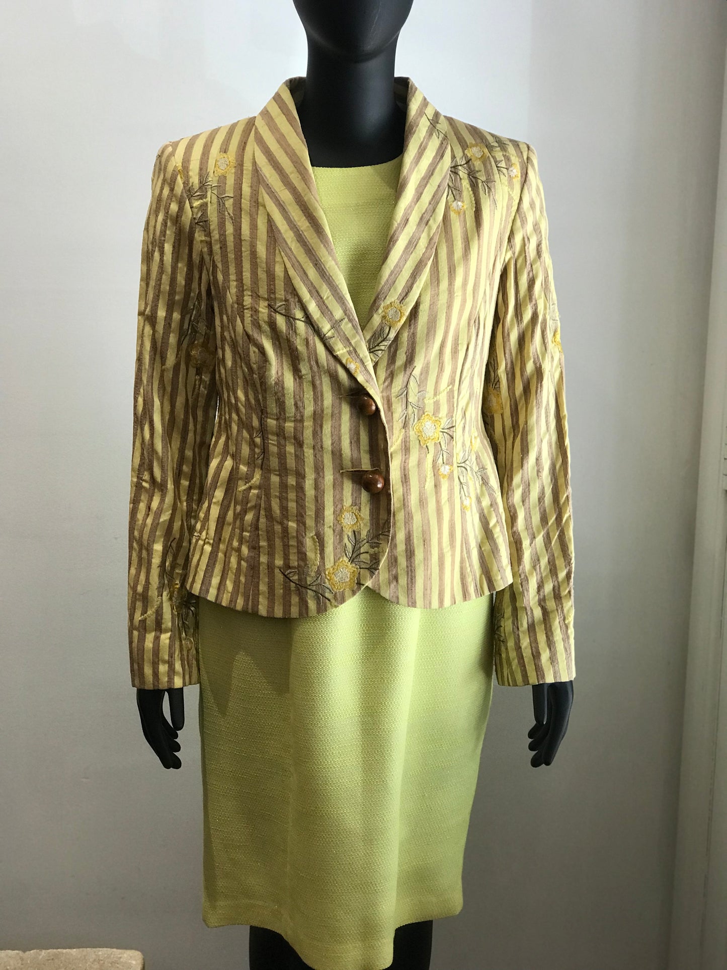 Andrea Moore Silk Embroidered Yellow/Taupe Stripe Jacket