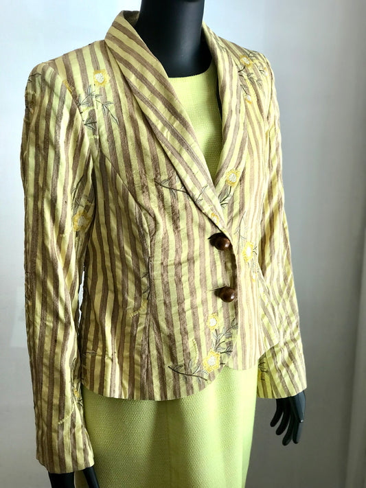Andrea Moore Silk Embroidered Yellow/Taupe Stripe Jacket