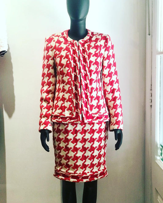 Adrienne Winkelmann Red/White Wool Skirt Suit