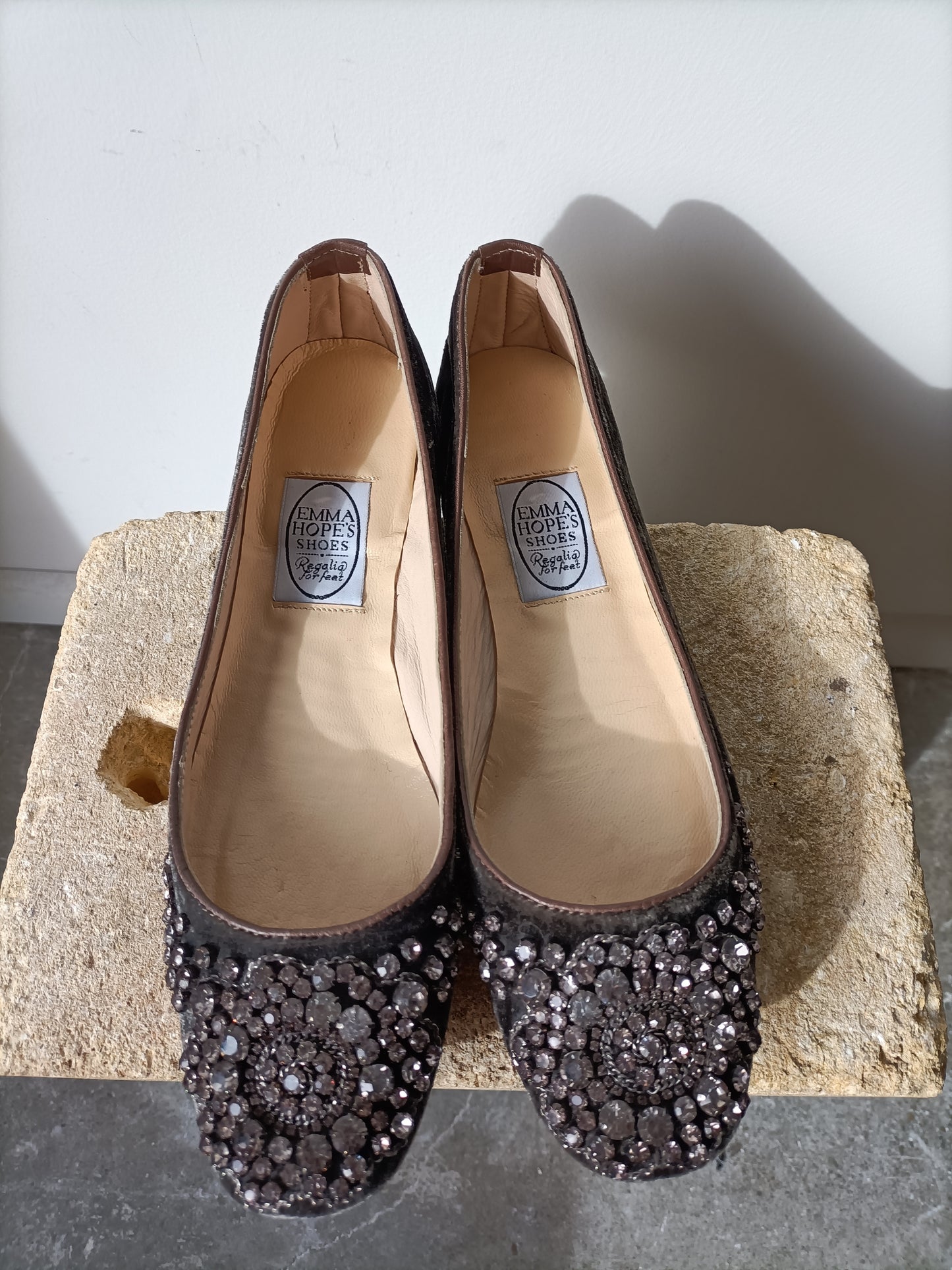 Emma Hope - Charcoal Velvet Jewelled Ballet Flats - Size 39.5