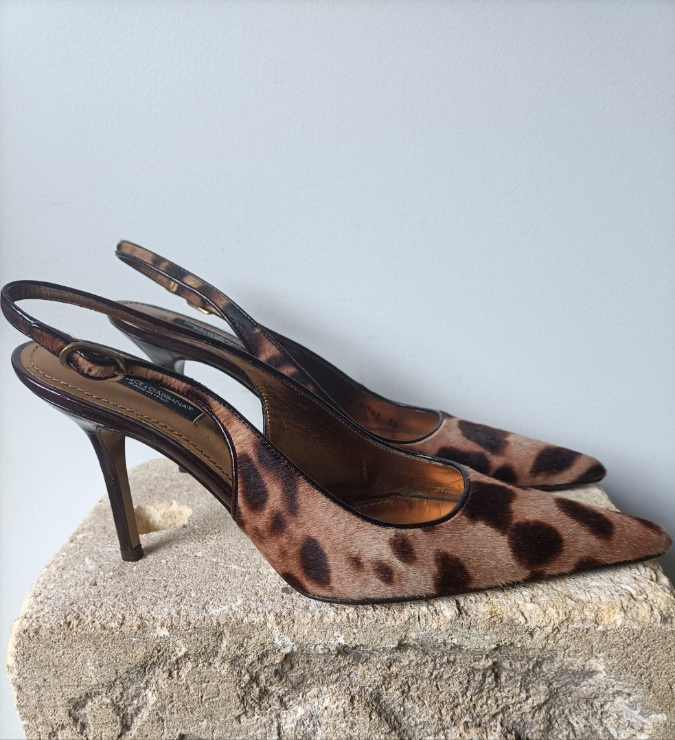 Dolce & Gabbanna - Pony Hair Leopard Print Slingback Heels - Size 39