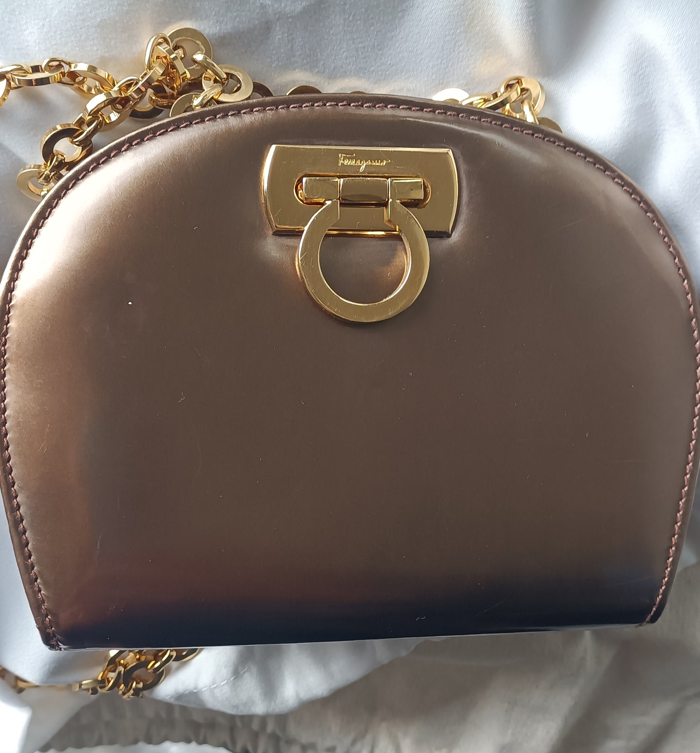 Salvatore Ferragamo - Bronze Evening Bag with Gold Chain Strap