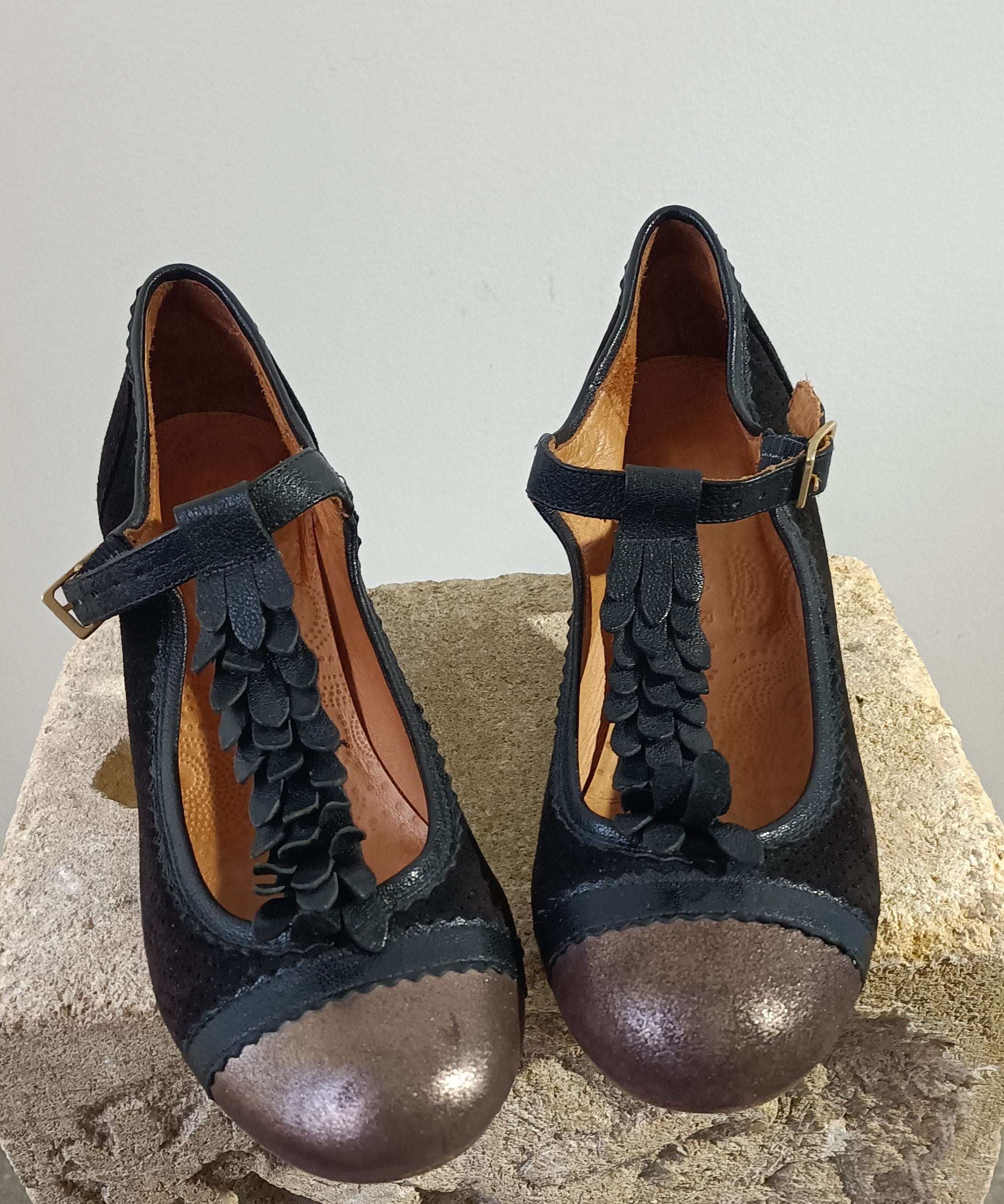 Chie Mihara Black Suede Bronze Toe Mary Jane Heels Size 39