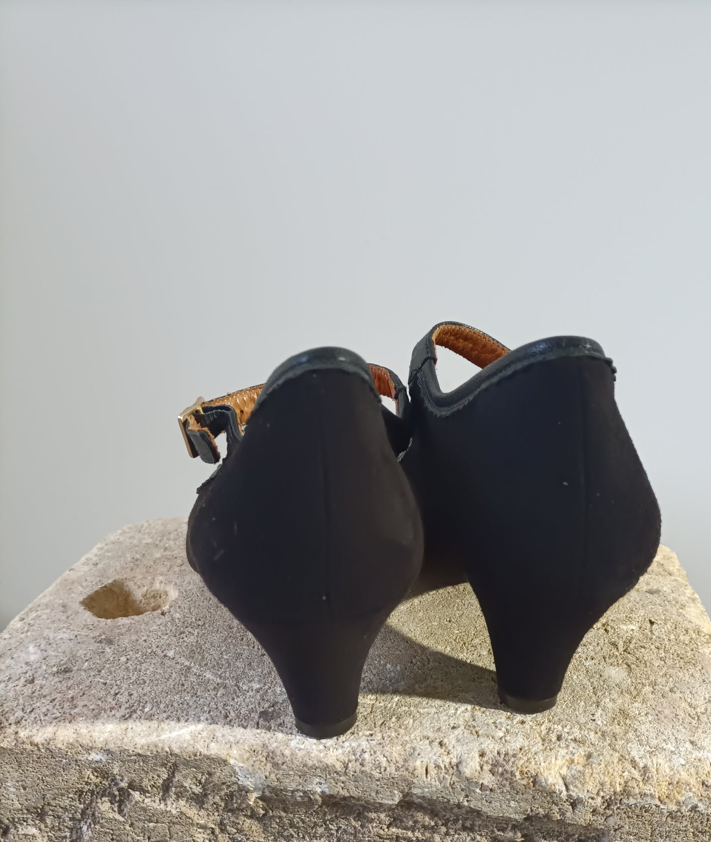 Chie Mihara -  Black Suede Bronze Toe Mary Jane Heels - Size 39